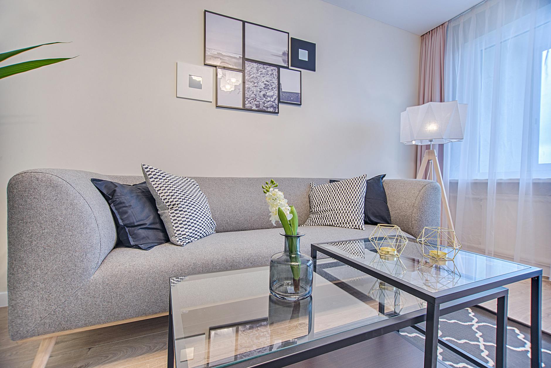 Nowoczesny salon z szarą sofą, geometrycznymi dodatkami i obrazami na ścianie
